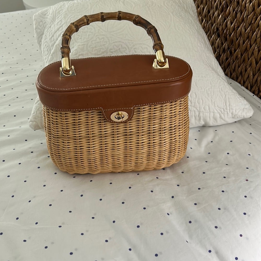 J McLaughlin wicker/brown leather trimmed bamboo handle purse